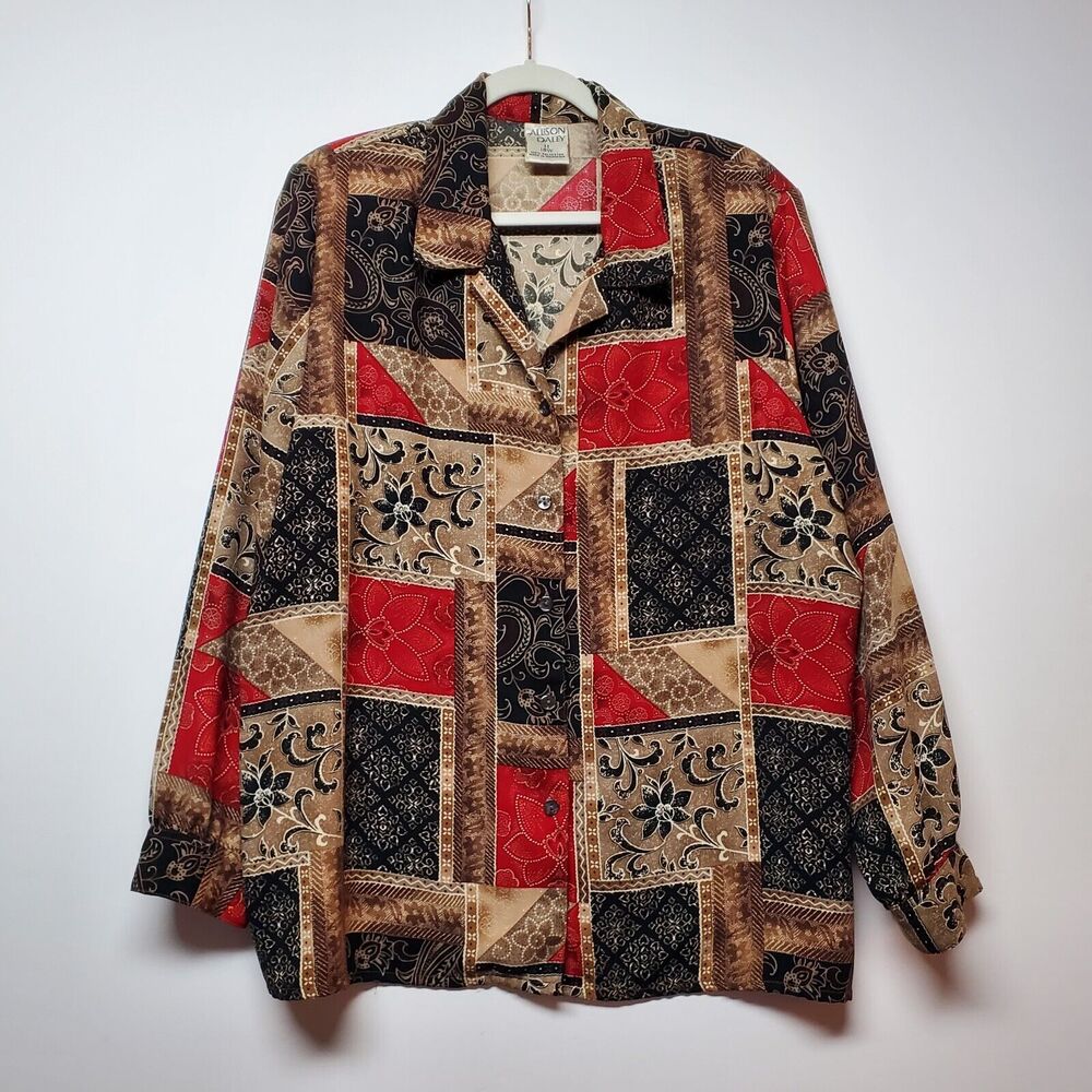 Allison Daley Vtg Art Blouse Size‎ 18W Autumn Floral Button-up Long Sleeve Boho